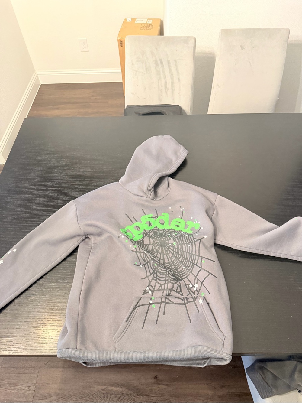 Men Gray Hoodie with Green Graphic Spiderweb